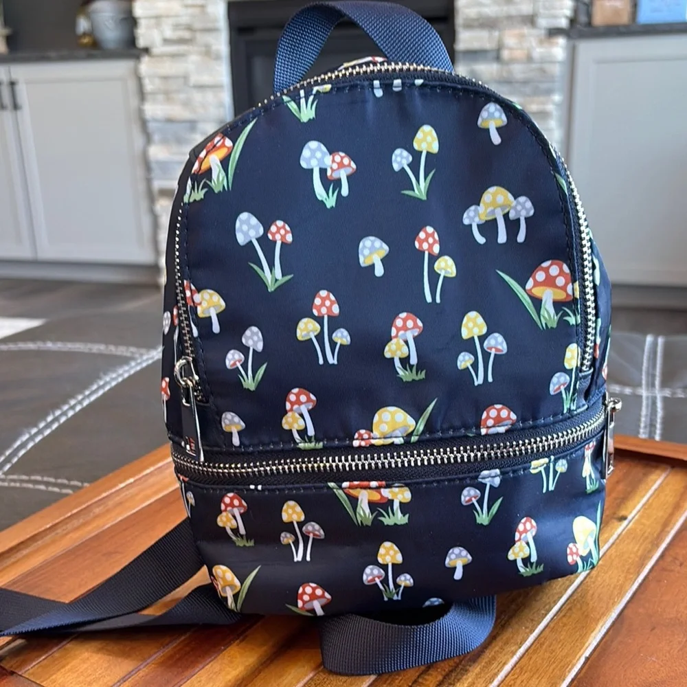 Navy Backpack with Whimsical Mushroom Design